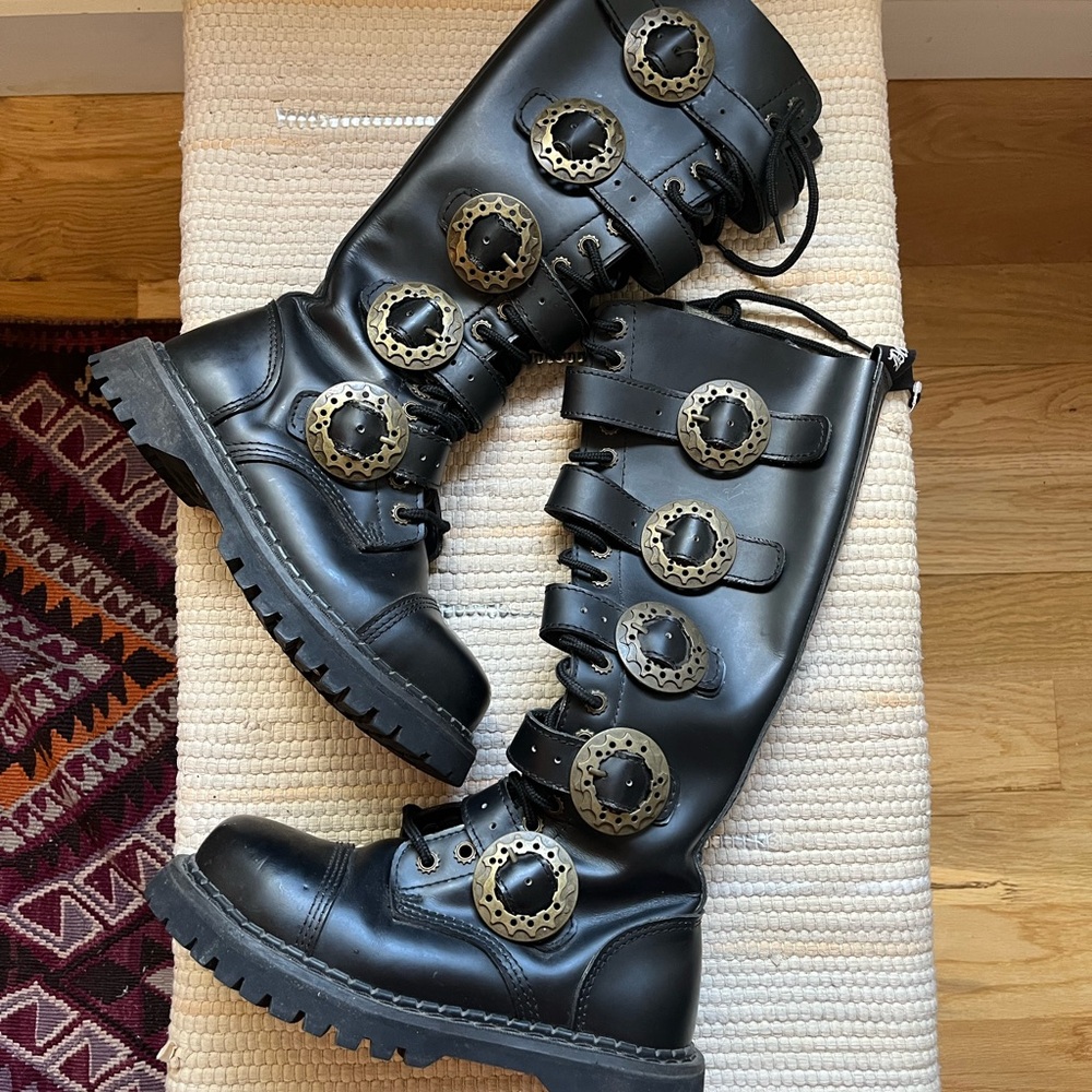 Demonia Black and Gold Moto Boots